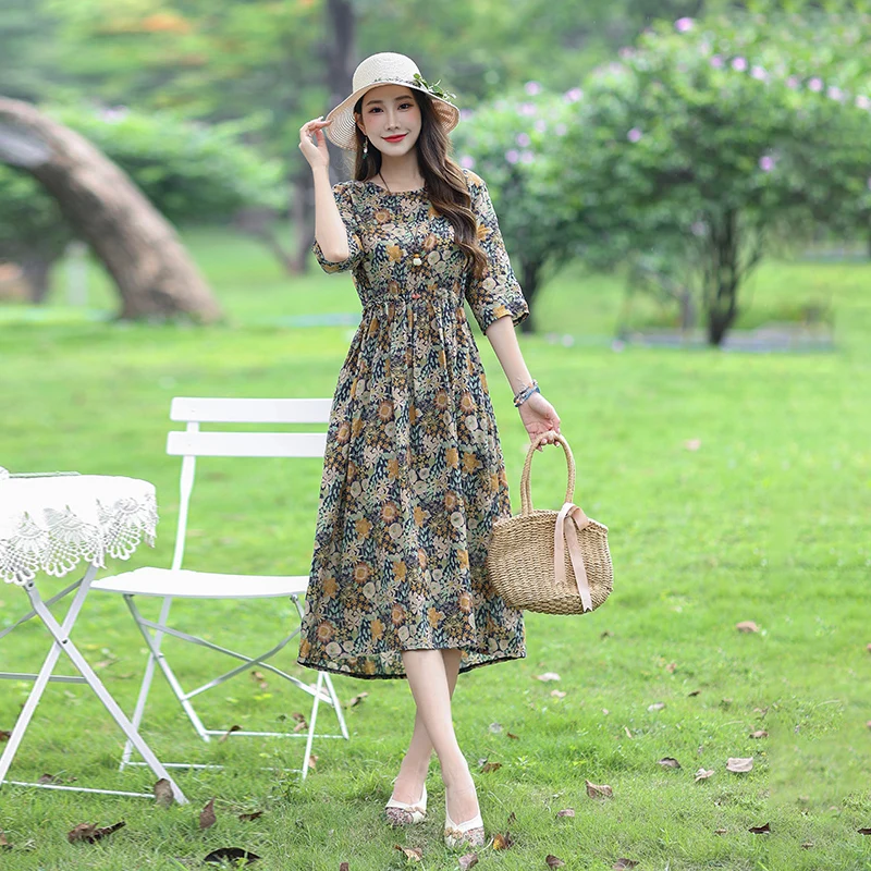 2024 New Arrival Print Floral Thin Light Soft Cotton Blend Prairie Chic  Vintage Summer Dress Fashion Women Casual Midi Dress - AliExpress 200000345