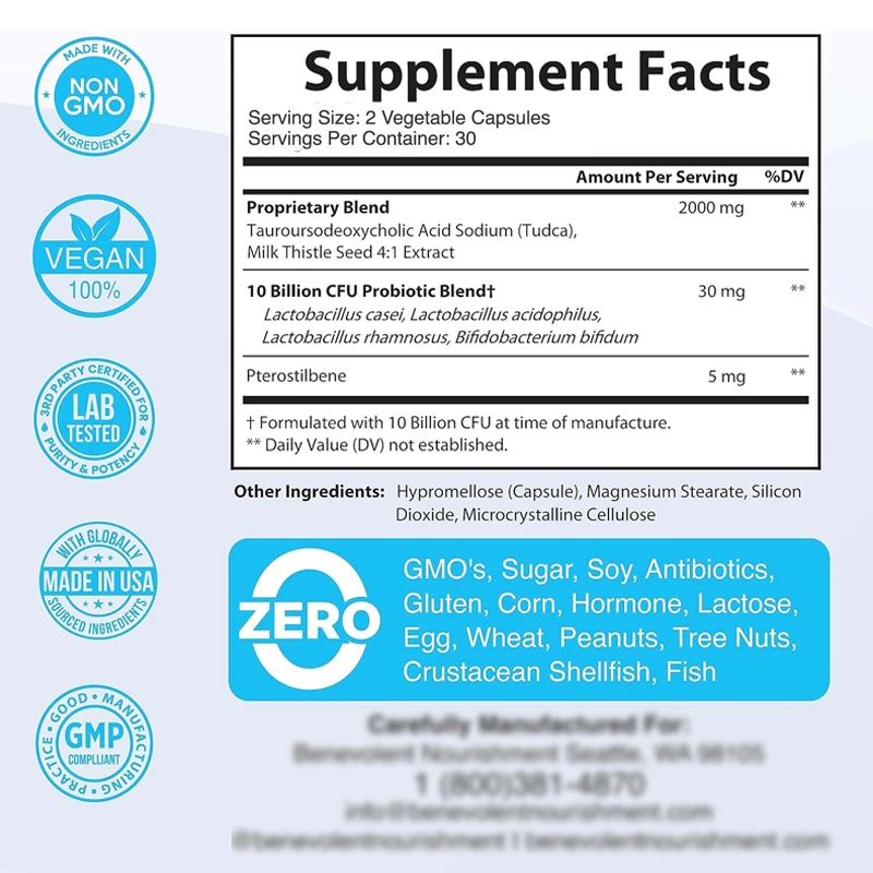 2000mg TUDCA Bile Salt Supplement Complex for Liver Detoxification and Cleansing 4:1 Milk Thistle+60 Probiotics Non GMO Capsules