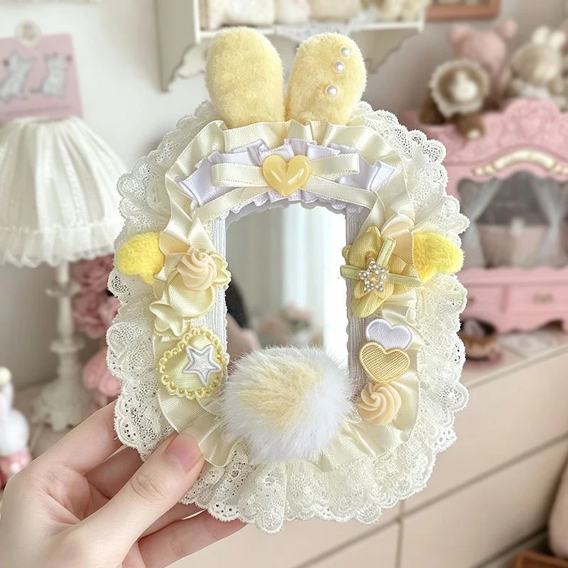 Handmade Plush Bunny Ear Pom‑pom Lace Satin Photocard Holder,3 Inch Clear PVC Sleeve for Idol Card,Anime Card,3‑inch Photo,Collectible Card Protective Display Shell,Fandom Decorative Photocard Case,Trading Card Cover