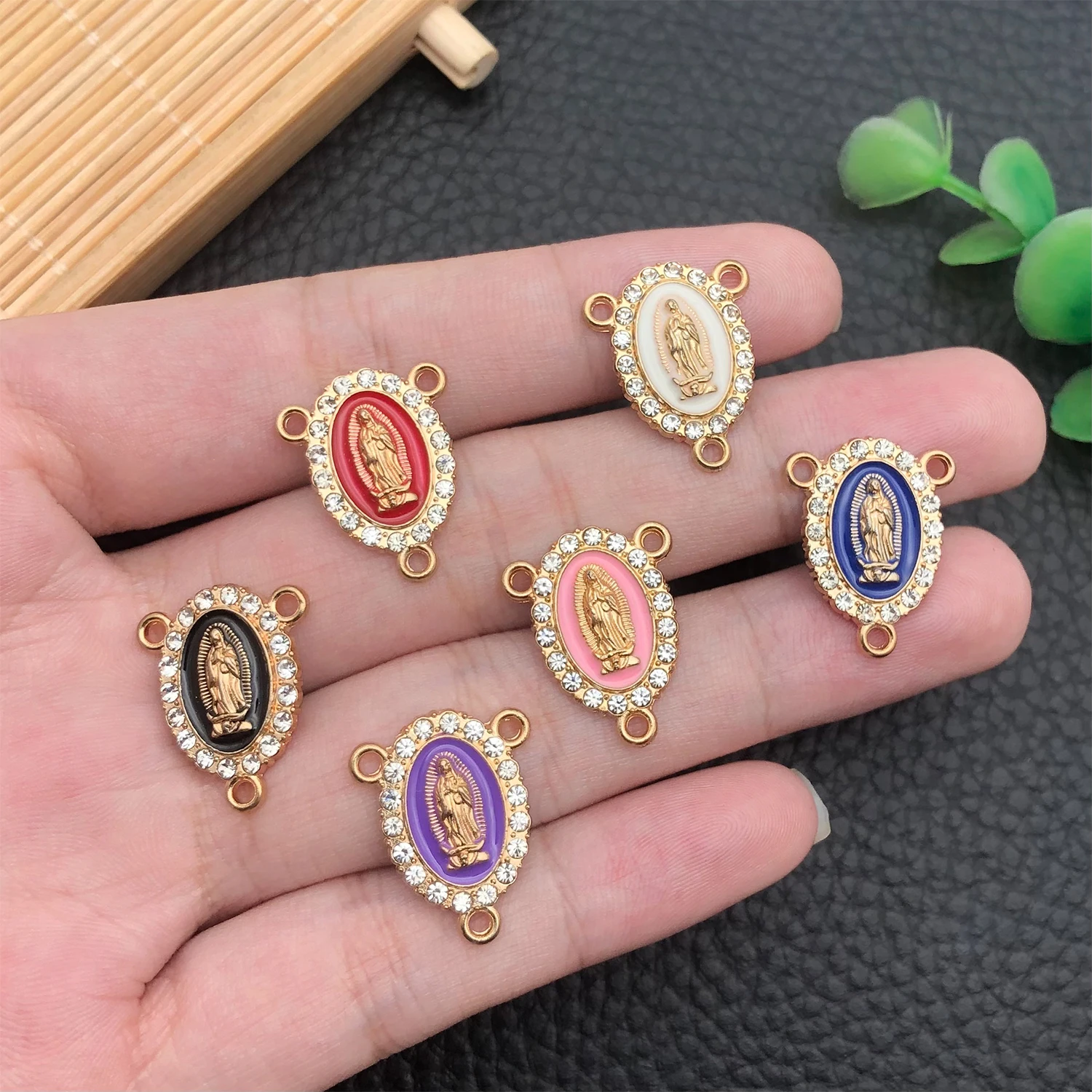  5/12pcs of 6-Color Virgin Mary Rhinestone Charms Pendant Alloy Three Hole Fashionable Necklace DIY Jewelry Making Accessories