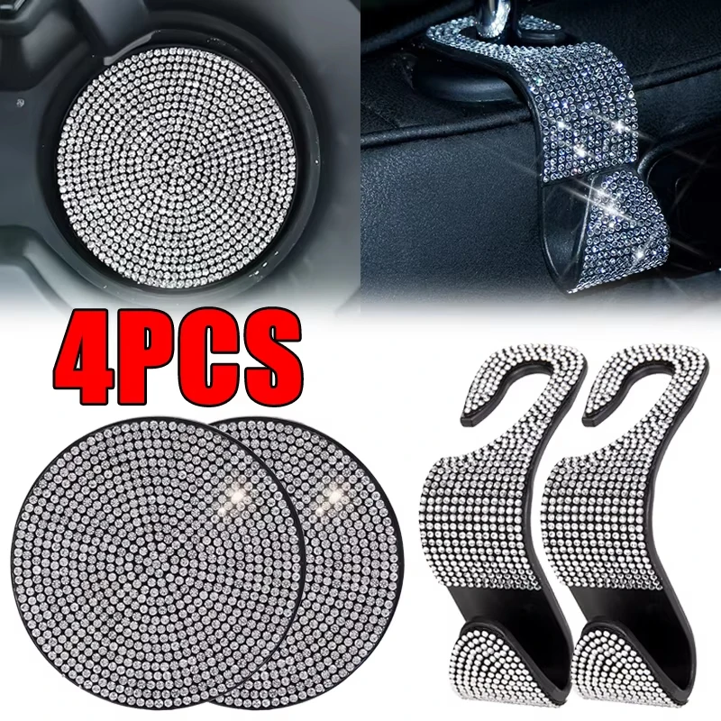 4 pcs/set Multifunction Diamond Auto Seat Back Hooks Non-slip Coaster Universal Car Hook Water Cup Mat Car Interior Accessories