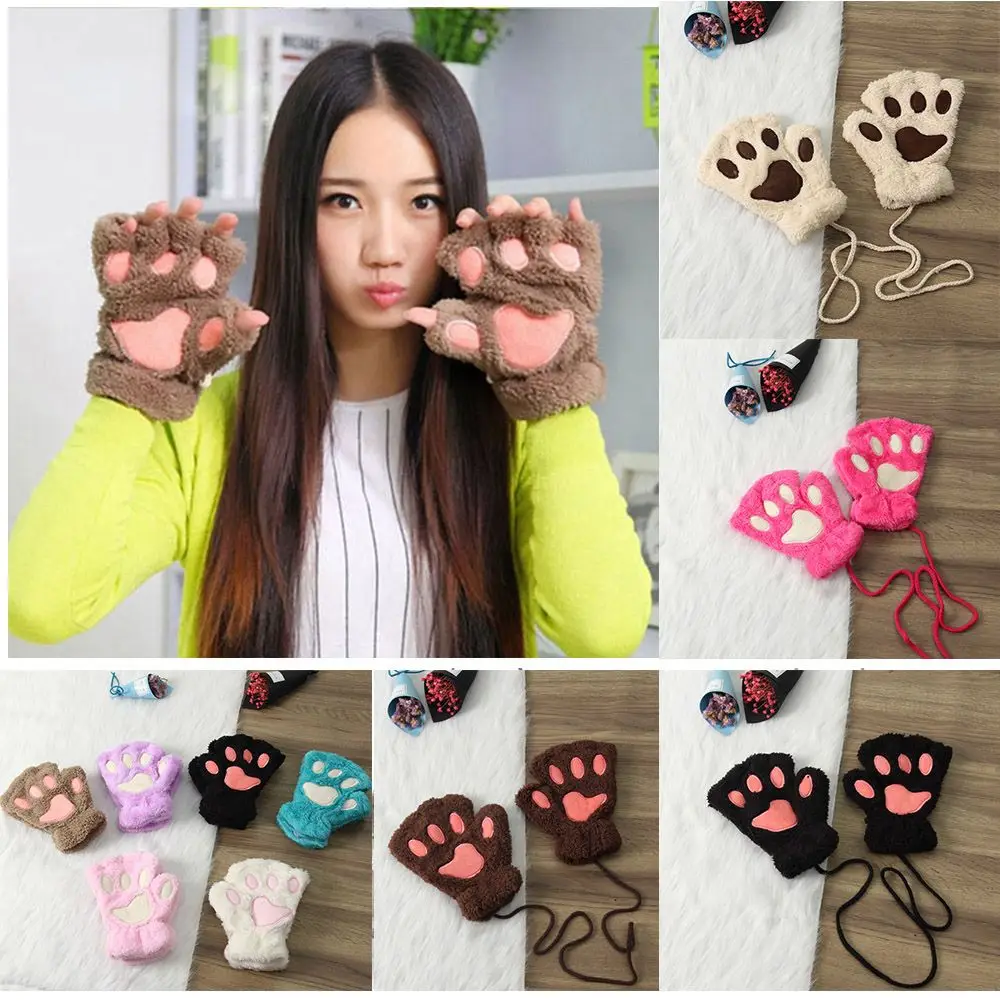 

14Colors Fashion Winter Fluffy Warm Fingerless Gloves Bear Cat Paw Plush