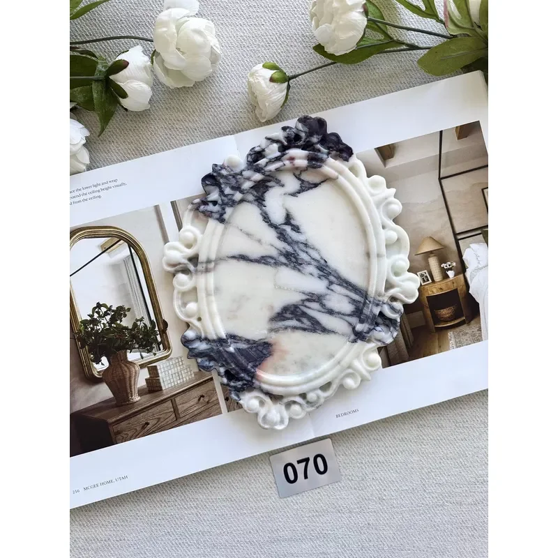 Italian Caracatta Violet Fan Marble Oval Tray Handmade Wave Flexible Design Dresser Storage Tray Fruit Tray