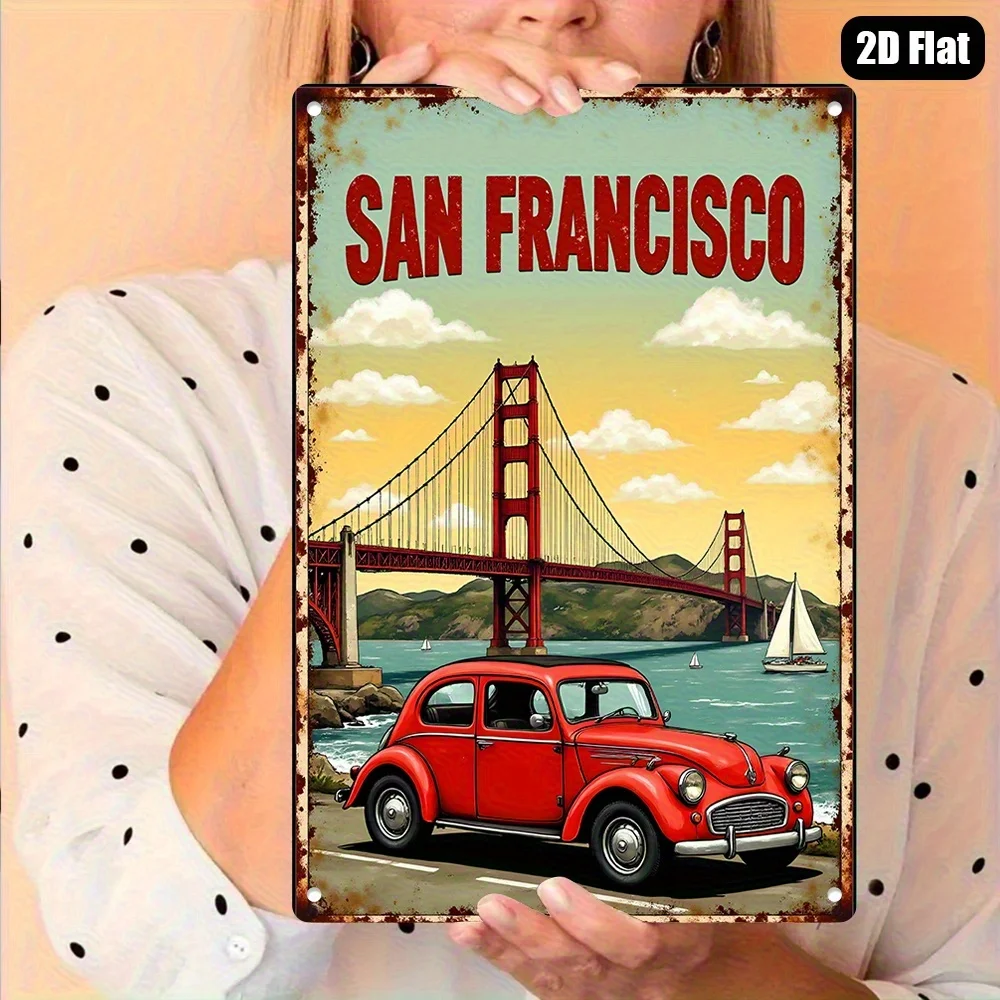Vintage San Francisco & Golden Gate Bridge Sunset Metal Tin Sign - Rustic Red Car Design,  , Wall Art for Living Room or Office