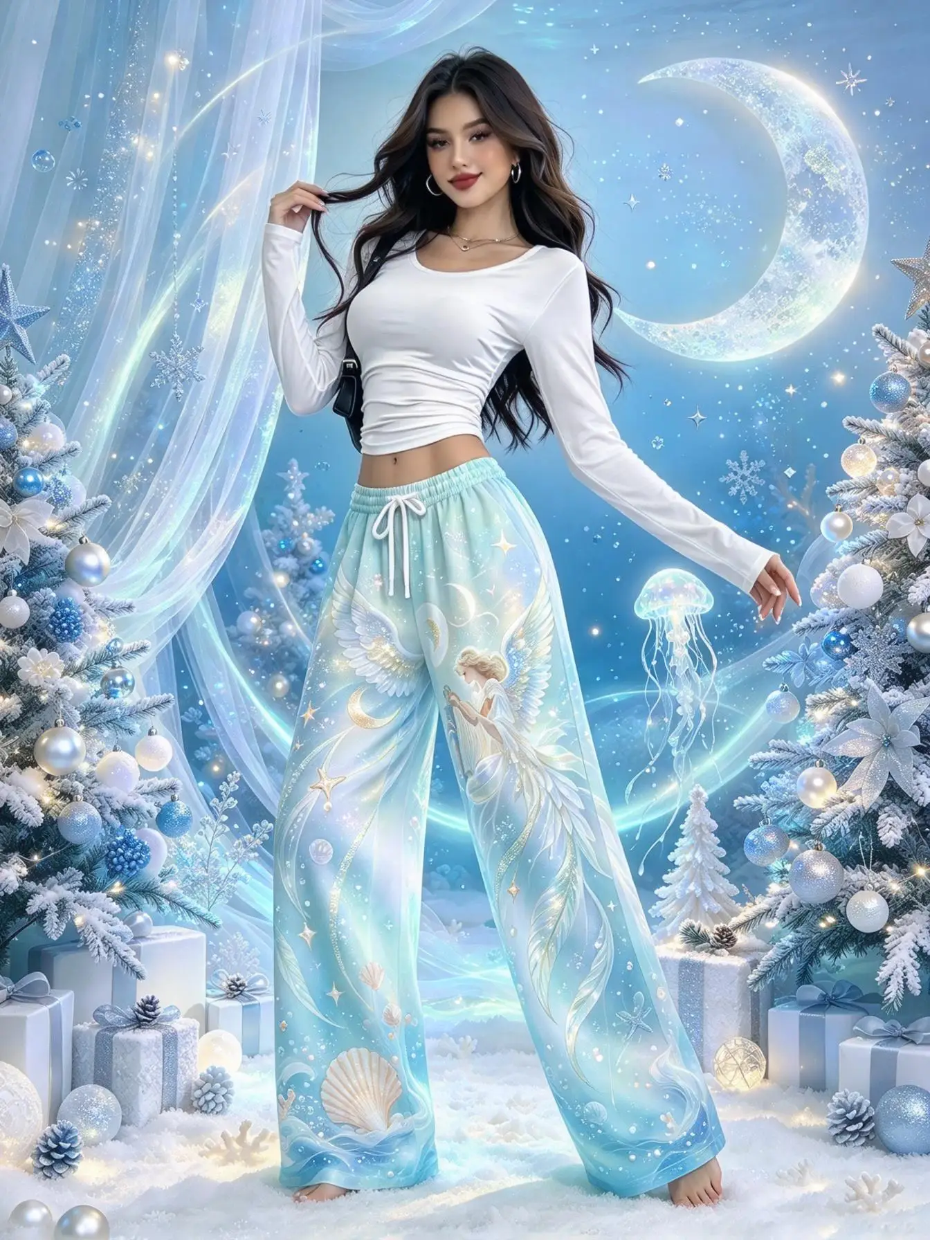 Women Low Waist Wide Leg Pants Vintage Angel Moon Star Print Casual Loose Drawstring Holiday Trousers