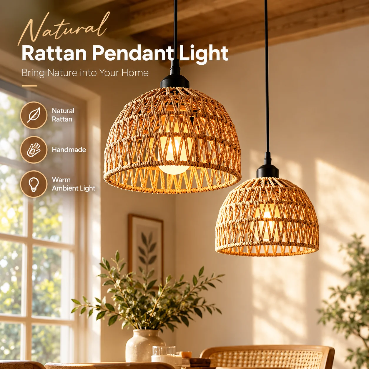 Boho Rattan Woven Rope Pendant Light E27 - Hanging Ceiling Lampshade for Living Room Bedroom Dining Room Decor