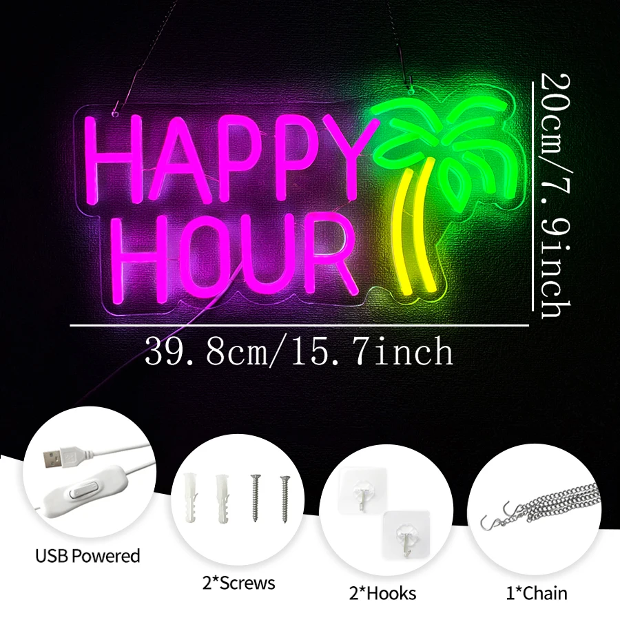 Happy Hour Neon Sign LED Neon Bar Signs for Home Bar,USB Powered Bright Cocktails for Wall Decor Pub Man Cave Bar Accessories