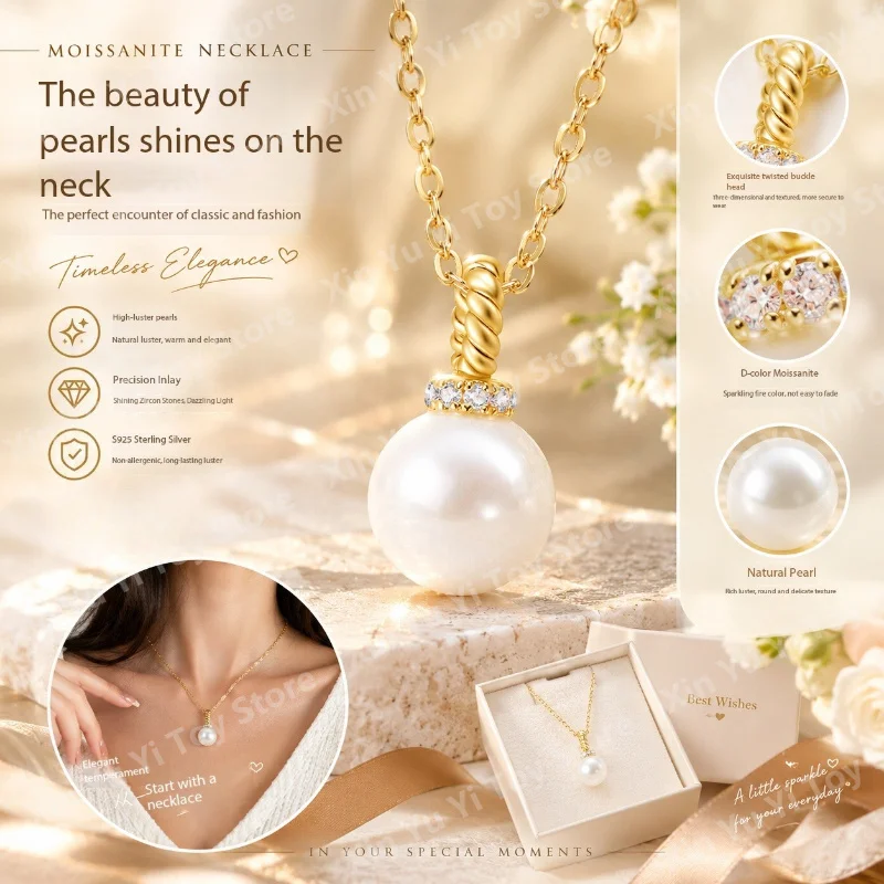 Natural Freshwater Pearl Necklace Women's 925 Sterling Silver Luxury Set with 5A Zircon Fried Dough Twists Design Collar Chain