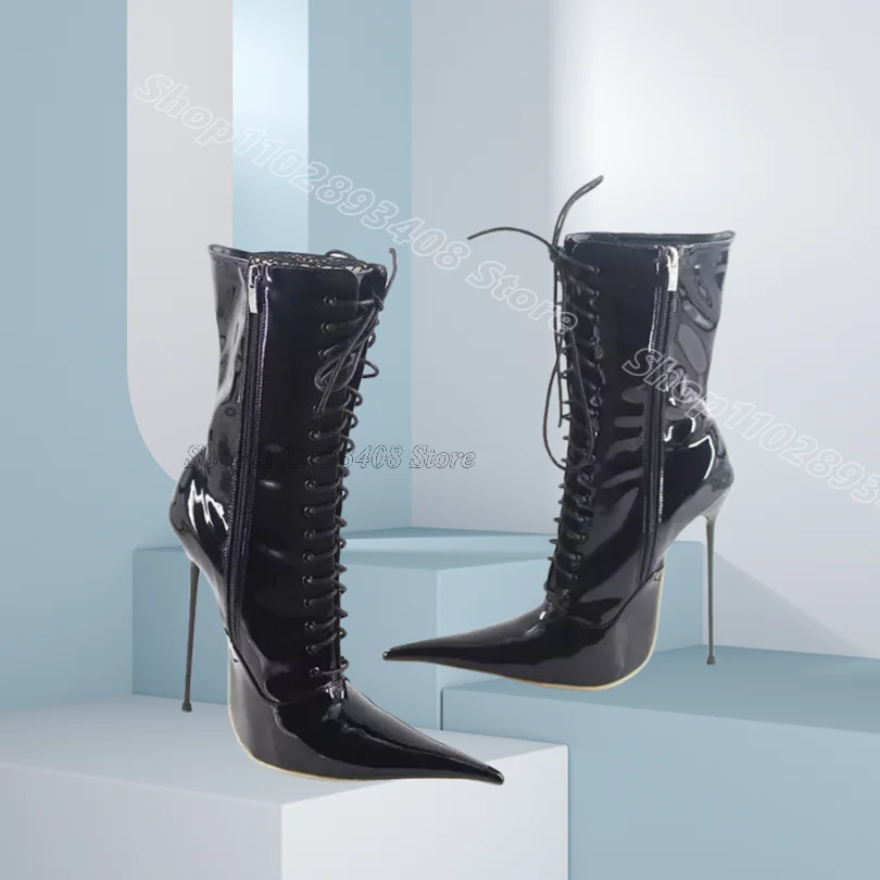 

Black Lace up Pointed Toe Boots Patent Leather Side Zipper Spring New Fashion Women Party Short Boots 2025 Zapatos Para Mujere