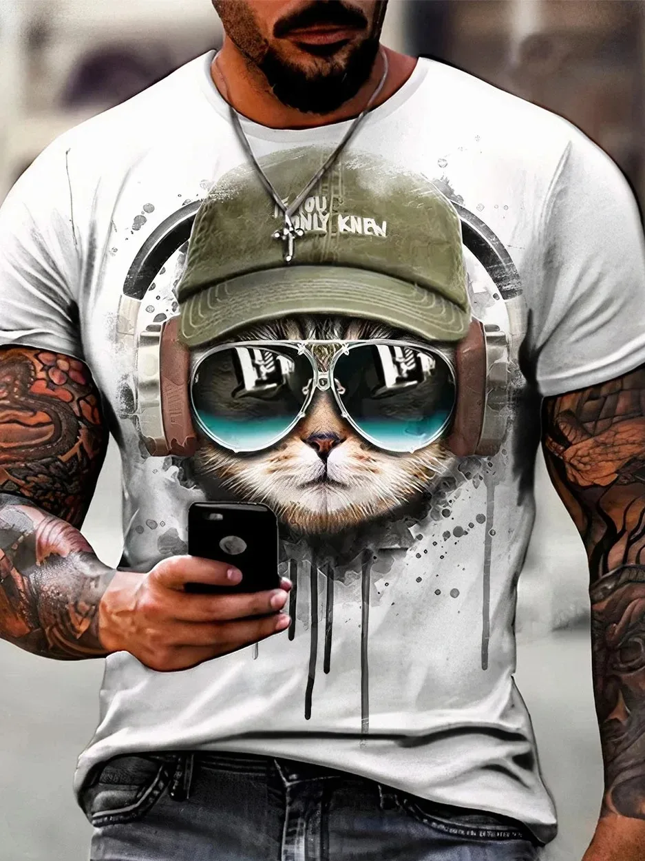 Male Trend Cat Element T Shirt For Men Daily Outdoor Fashion Regular Fit O-neck Short Sleeve Comfortable Material Clothing To