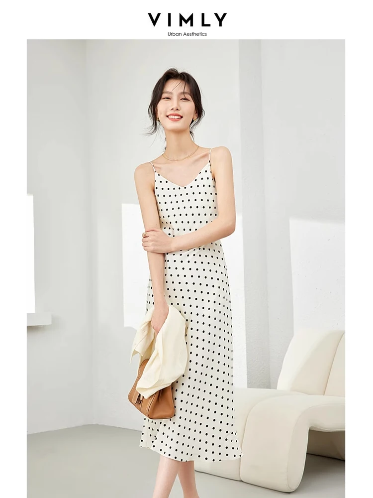 

Vimly French Style Dot Spaghetti Strap Dress for Women 2024 Spring Summer Elegant V-neck Sundress s A-line Midi Dresses M5687