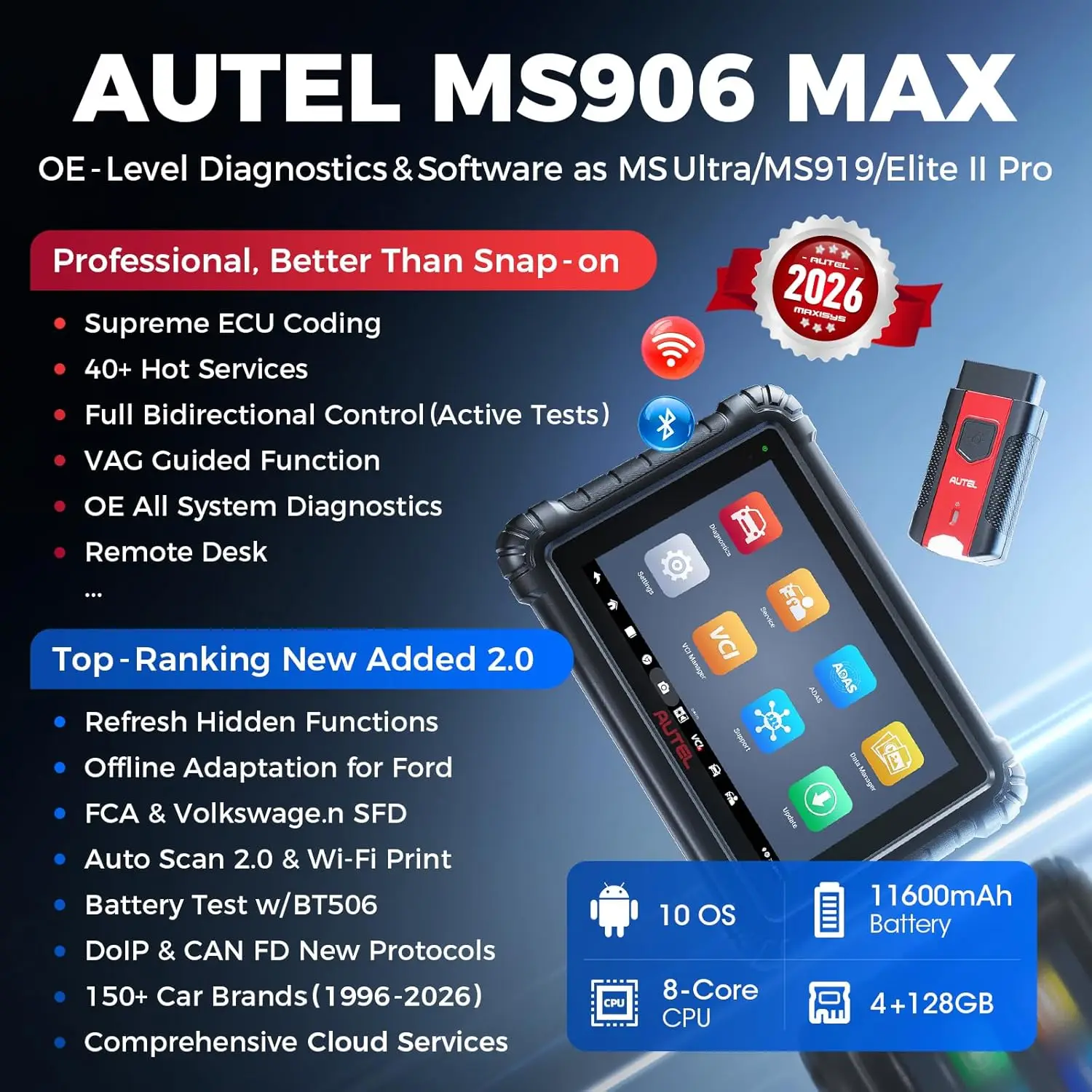 Autel MaxiSys MS906MAX OBD2 Scanner Top-Notch ECU Coding Car Diagnosis Tool Support CAN FD/DoIP VAG Guided 40+Service Upgrade of MS906BT