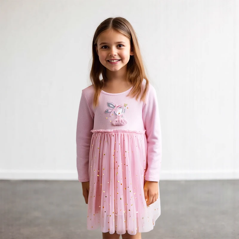 

Little maven Girls Party Dress Kids Elegant Costume Autumn Children's Casual Mesh Dress Animal Rabbit Appliques Dresses