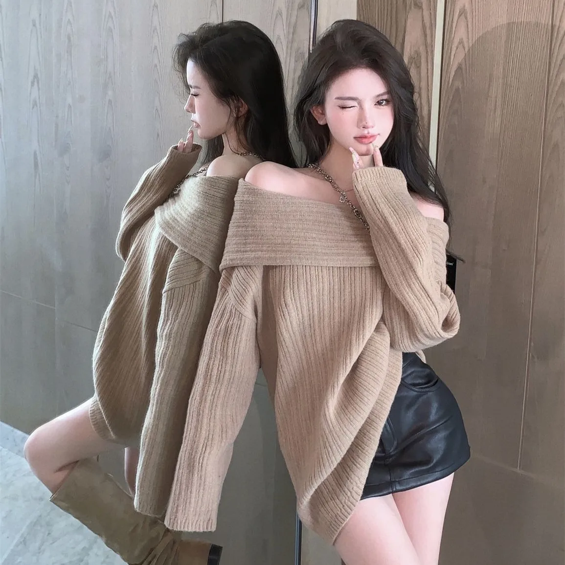 Korean style Sexy Slash Neck Elegant Sweater Pullovers Women Casual Vintage Off Shoulder Loose Knitted Jumper