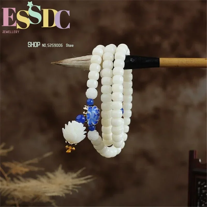 Natural White Bodhi Root Beads Bracelet Three Circles Tibetan Fashion Cloisonne Lotus Pendant Prayer Mala Jewelry Wholesale