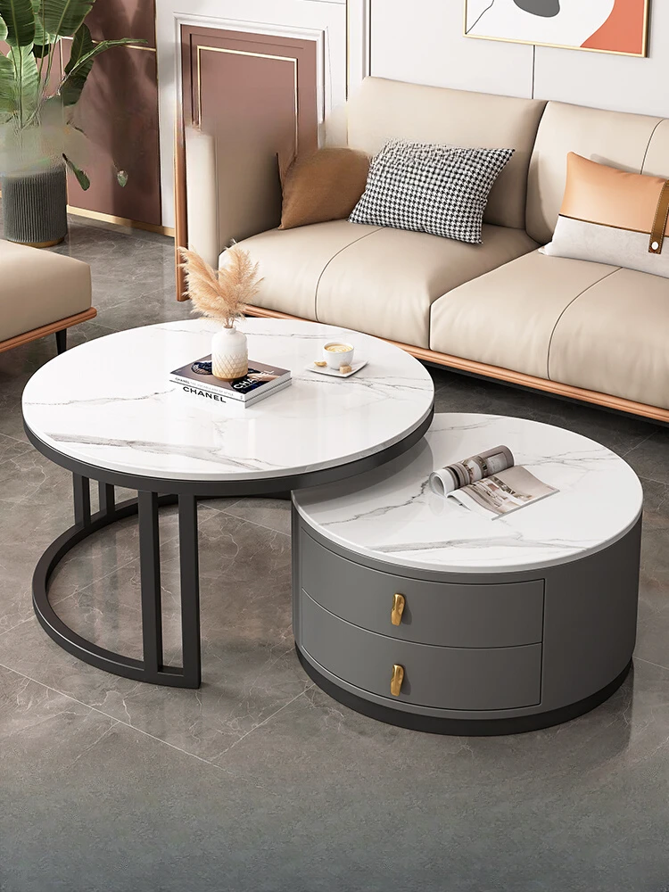 Tea table, living room, household, modern and minimalist small unit, light luxury marble, circular telescopic rock slab balcony