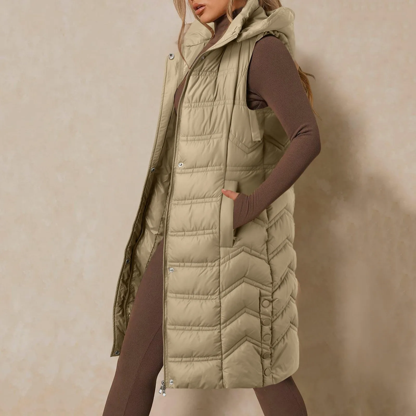 Doudoune Longue avec Capuche pour Femme, Pardessus Zippé avec Poches, Gilet Extérieur, Streetwear, Hiver