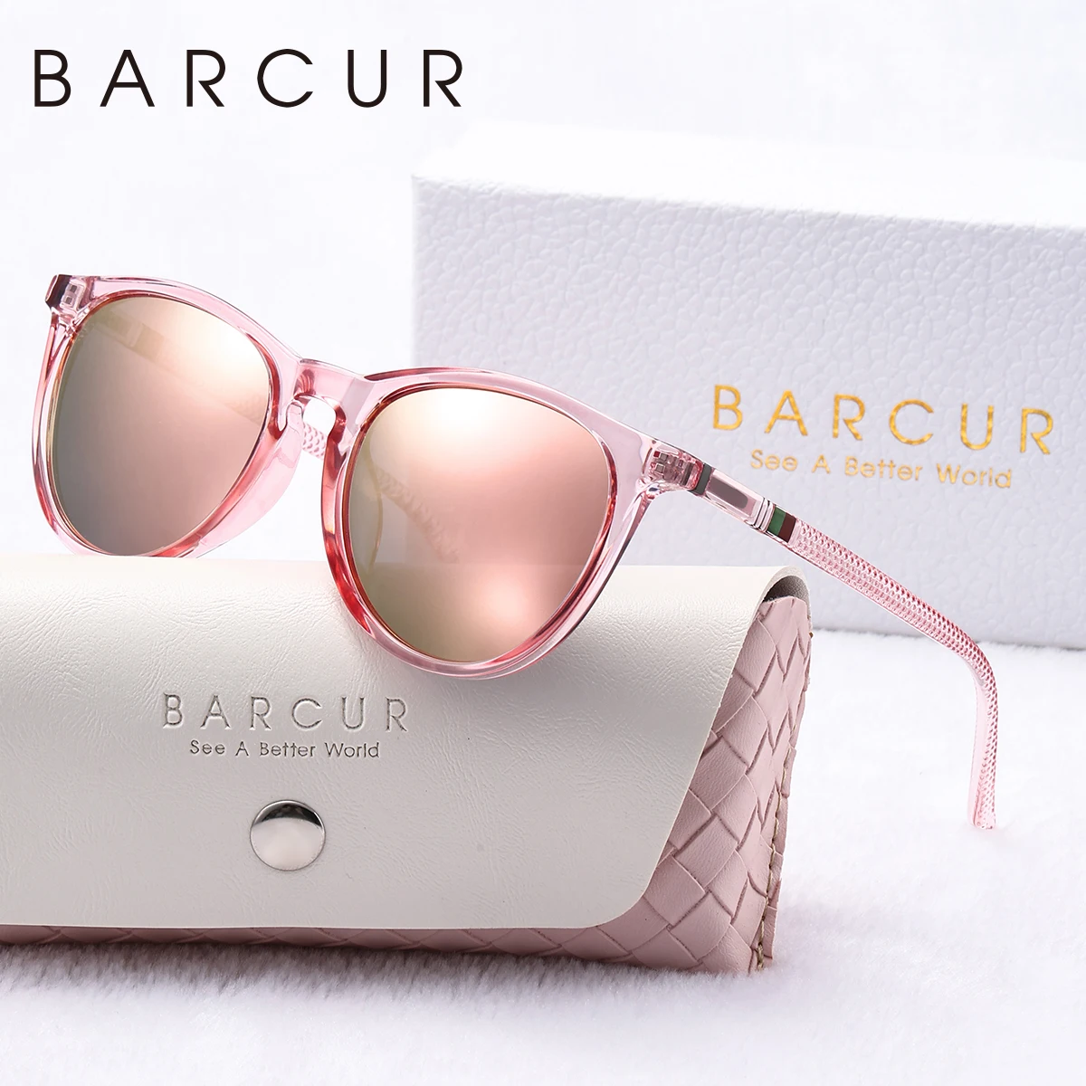 BARCUR Pink Fashion Polarized Glasses Bright Comfort PC Round Frame Holiday Travel Women Sunglasses Most Fashion Gift For Girls