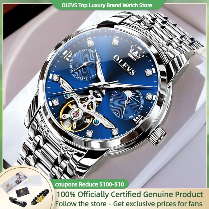 OLEVS Men's Watches Class Fashion Hollow flywheel Automatic Mechanical Watch for Man Waterproof Luminous Moon Phase Date Iko