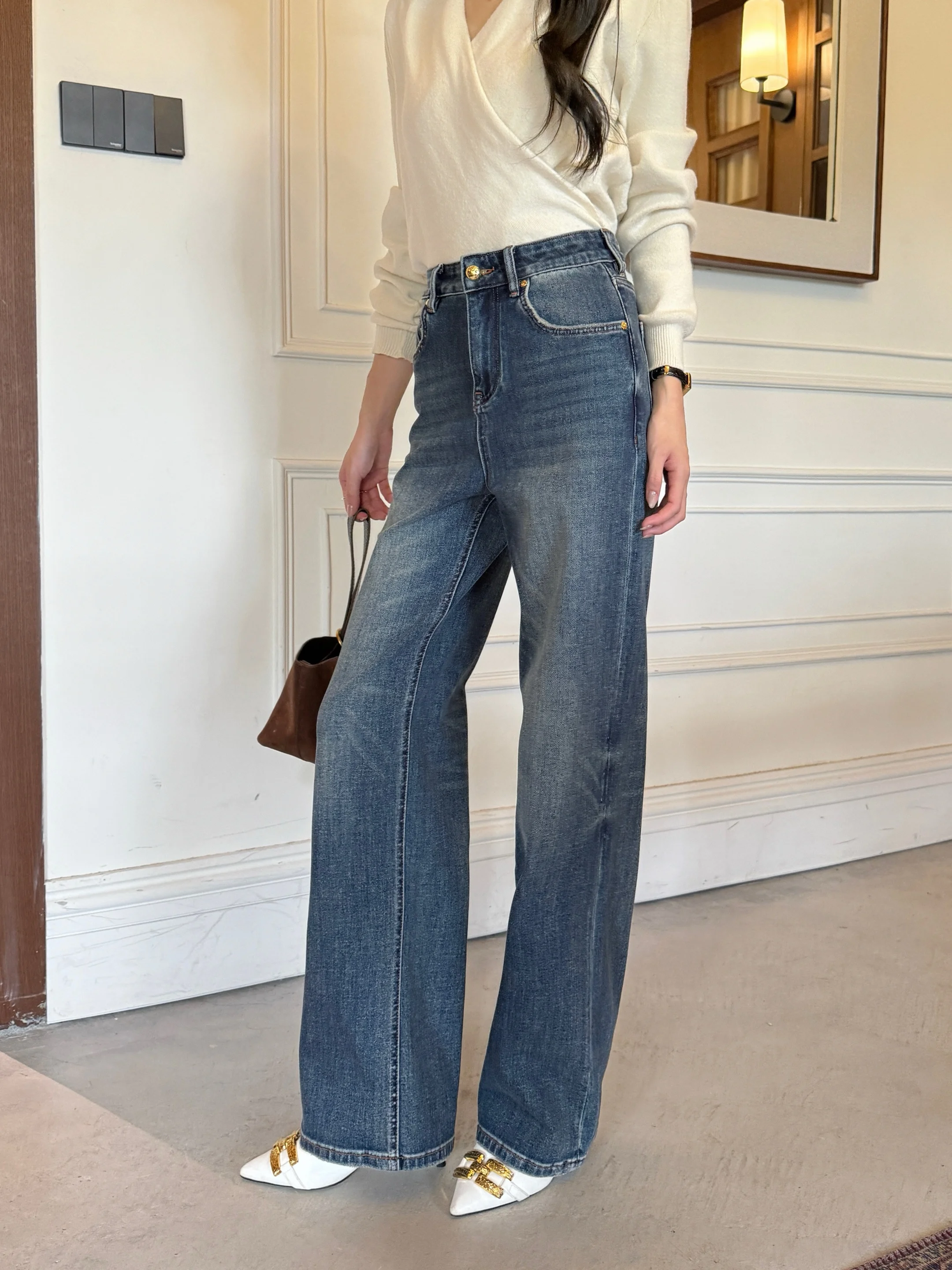 26th Edition - Color-matched Embroidered Straight Denim Pants - Straight Pants with Four-Sided Elasticity for Women