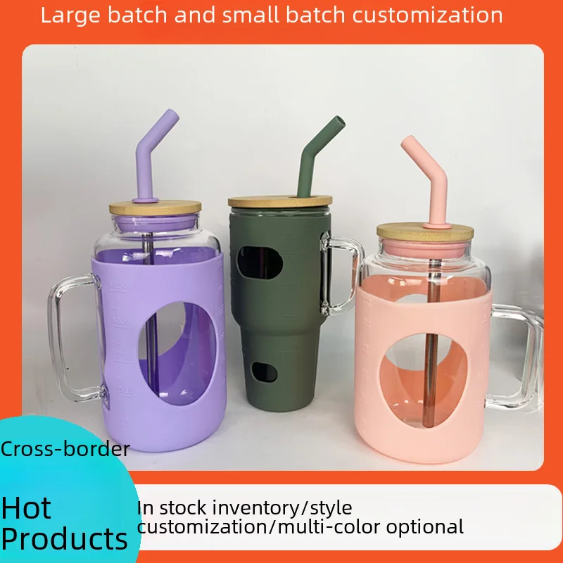 40oz large capacity scale silicone sleeve glass insulated summer cold drink coffee cup with straw pot belly handle cup Glass cup