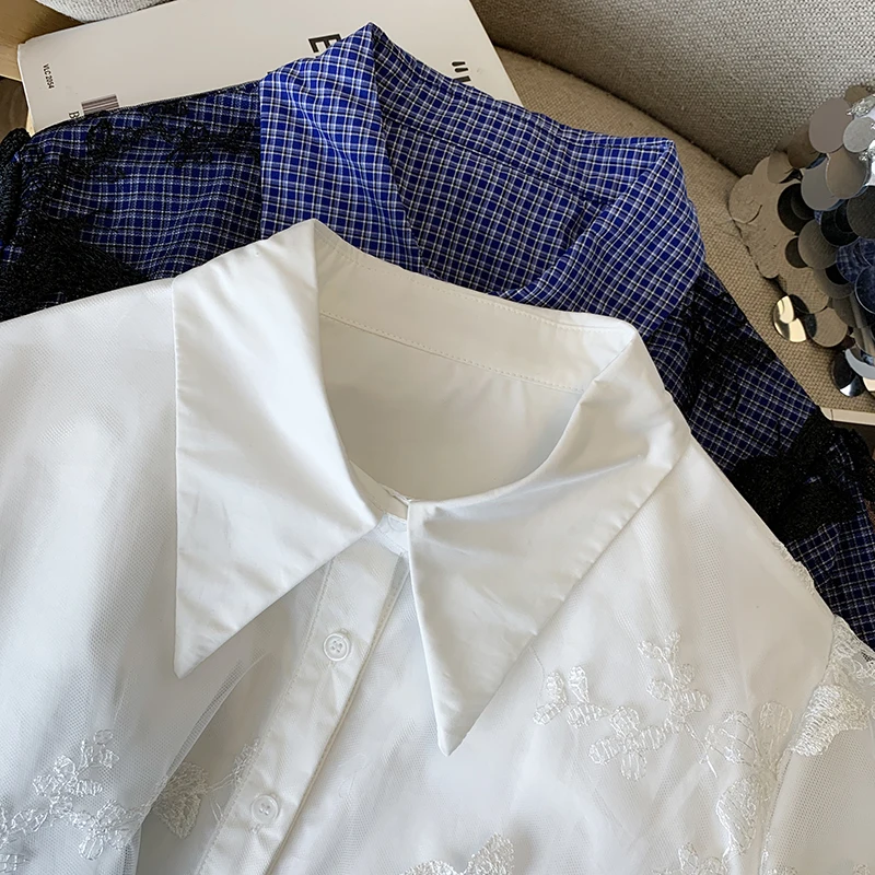 Damskie niebieskie koronkowe koszule w kratę w kształcie motyla bluzki Y2k estetyczne Vintage koreańskie 2000s Oversize koszula z długim rękawem modne ciuchy