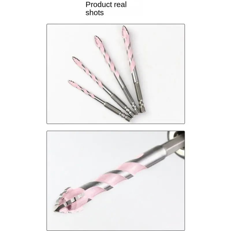 DT16 4pcs Four-Flute Serrated Eccentric Drill Bit 6/8/10/12mm, High-Hardness Concrete Tile Drill Perforated Tool, Pink for DIY