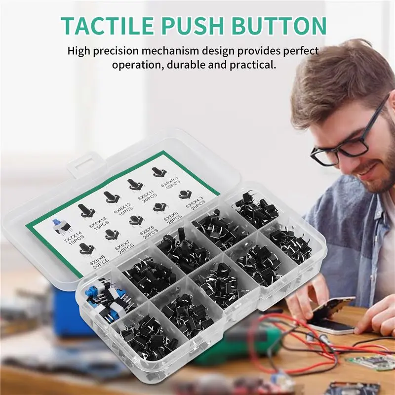 A76T-180 Pcs 10 Values Tactile Push Button Switch Mini Momentary Tact Assorted Kits