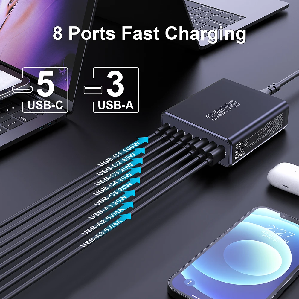 Ueetop 230W GaN USB C Charger Desktop Charging Station Multiple Port PPS PD 100W 65W 45W Fast Charge For Macbook iPhone Samsung