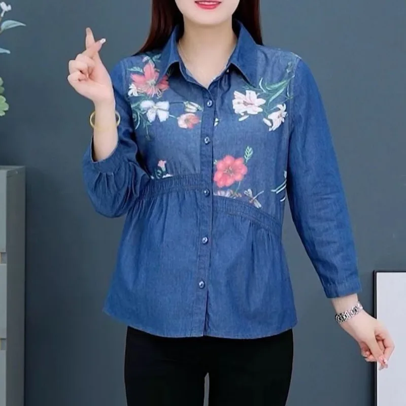 Women Denim Shirt Loose Floral Patchwork Single Breasted Blouse 2024 Spring Summer Casual Printed Jean Tops 3XL