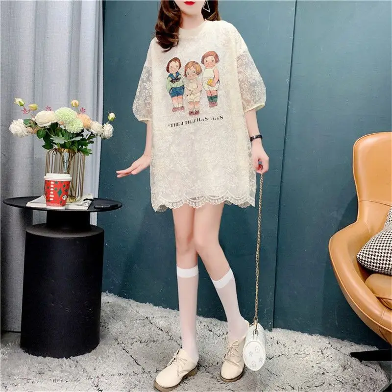 Streetwear Fashion Little Girl Printed Loose Shirt Summer Elegant Lace Hollow Out Women\'s Clothing Spliced O-Neck Midi Blouse