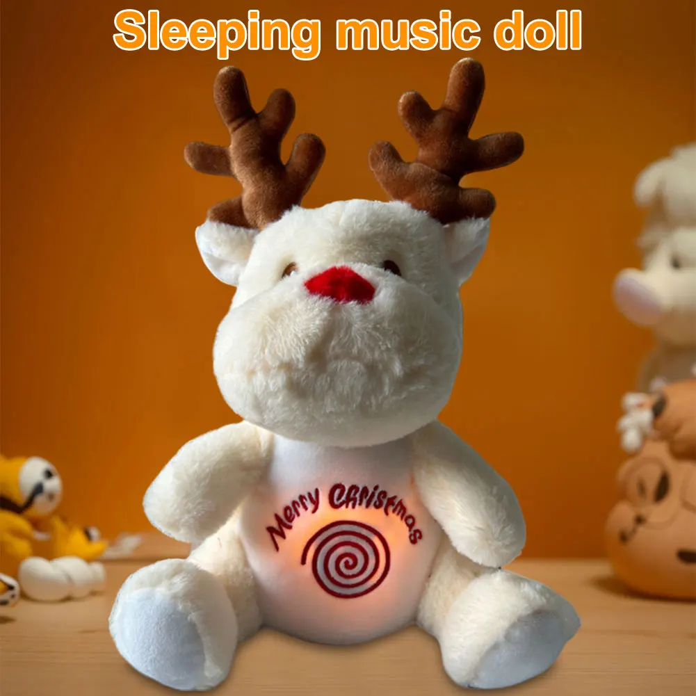 Christmas Elk Plush Stuffed Animal with Music Lights Rhythmic Breathing Motion Baby Sound Machine Plush Doll Gifts for Newborns