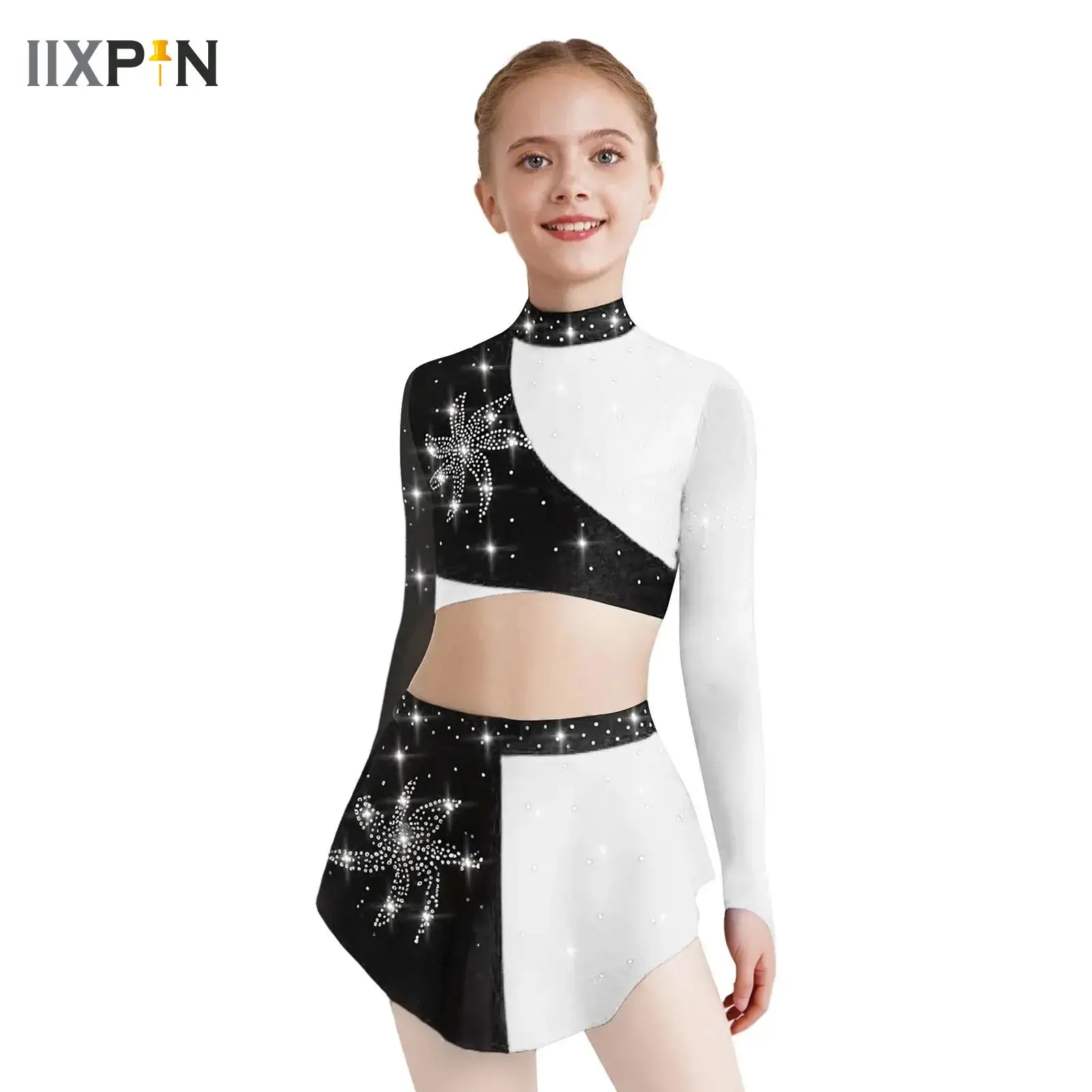 

Big Girls Ballet Dance Performance Costume Modern Lyrical Dance Set Shiny Crop Top+Skirt Rhinestones Figure Skating Dancewear
