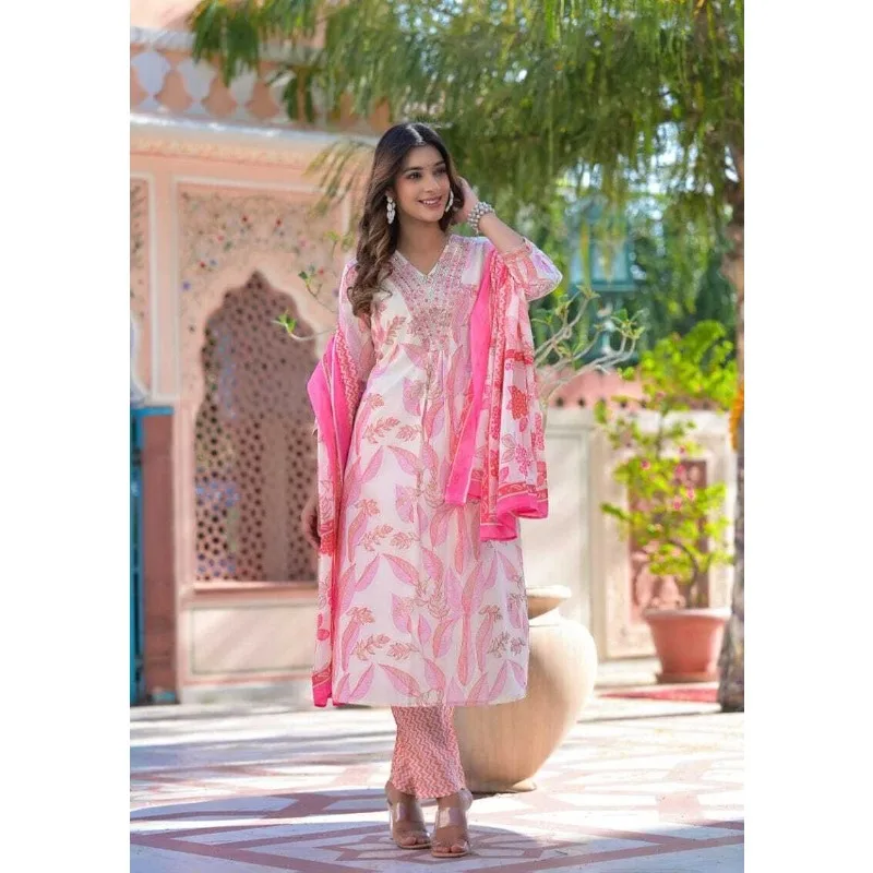 

Pink Color Printed Kurti Palazzo with Dupatta Set Cotton Salwar Kameez Dresses