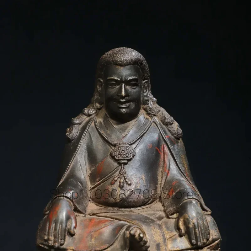 19cm Tibetan Old Bronze Buddha Pure Copper Gilded Vermilion Sand Painted Venerable Master Buddha Ornament