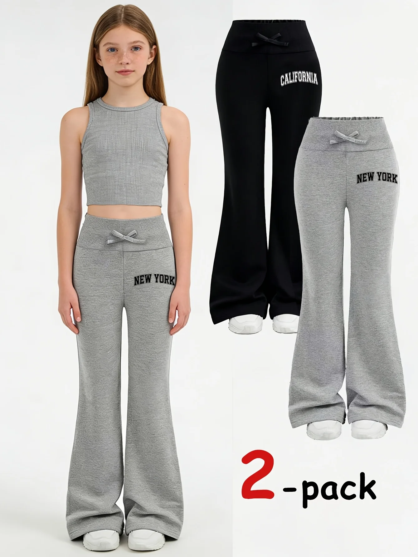 Girls' Casual Pants Set, Letter Print Sports Leggings, Comfortable Flared Pants, 2-Piece Set with Bow Decoration, Black and Gray, Versatile and Fashionable, Suitable for Girls Aged 5-13