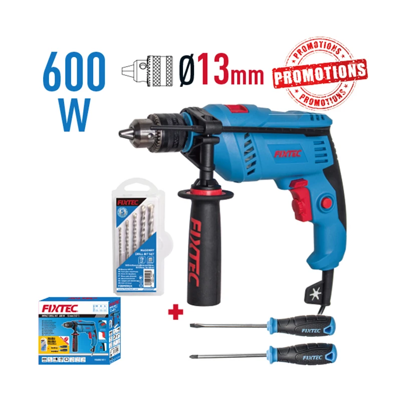 Power Tools Set 600W 13mm Drill Impact Driver Kit with 5pcs Masonry Drill Bits and 2pcs Screwdrivers
