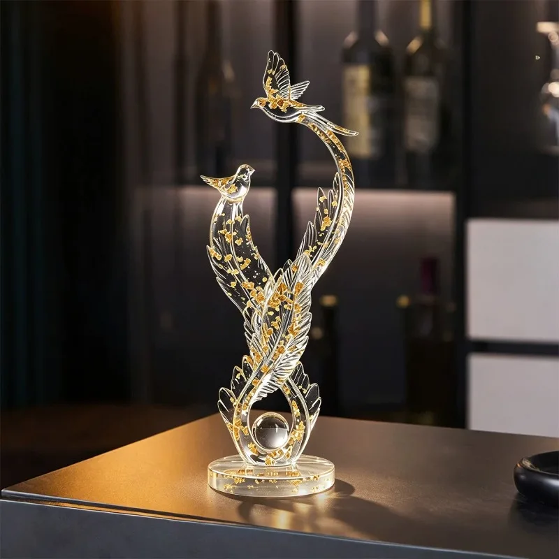 Resin Gold Foil Bird Feather Figurine Clear Transparent Sculpture Desktop Statue Ornament Home Decor Wedding Housewarming Gift
