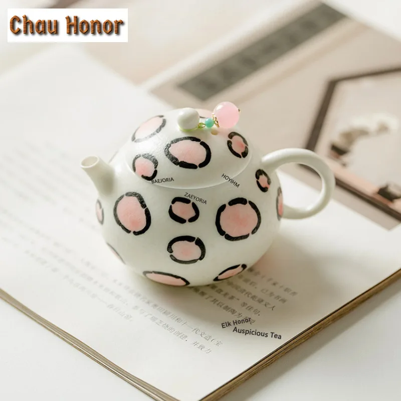 ZAEYORIA 100ml Hand Painted Pink Leopard Teapot Aesthetic Tea Infuser Pot Tea Maker Kettle With Ball Hole Tea Services Ornaments