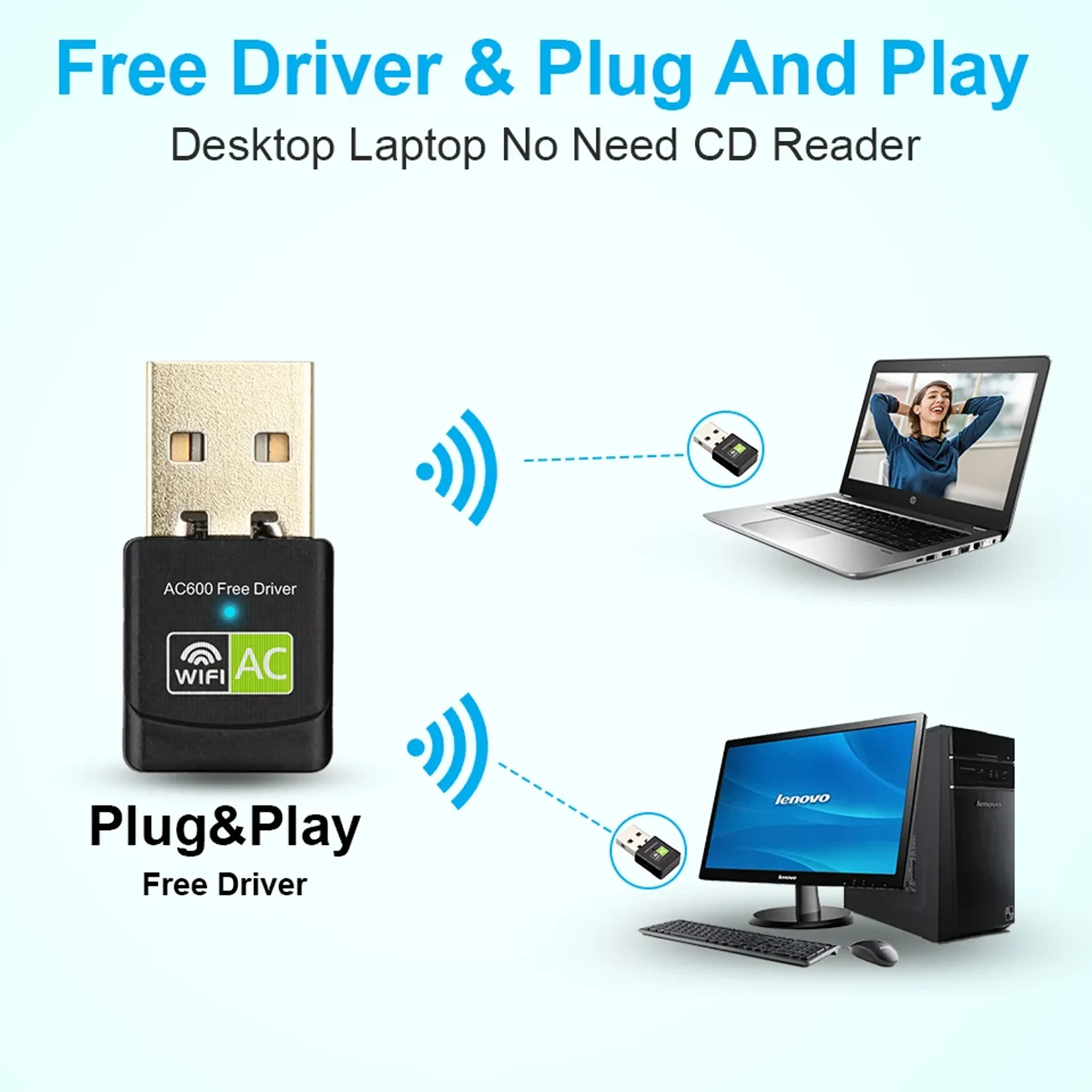 Dongle Dual-band Wifi 600Mbps USB, adaptor Wifi untuk PC Desktop Laptop 2.4GHz & 5GHz kartu jaringan nirkabel gratis Driver