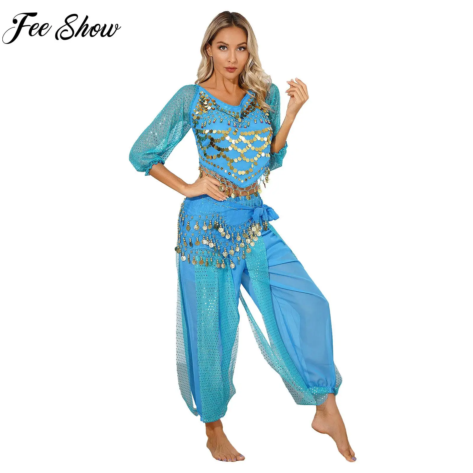 

Belly Classical Dance Outfit for Womens Crop Top with Bloomers Hip Scarf Female Halloween Fancy Dress Carnival Party Costume Set
