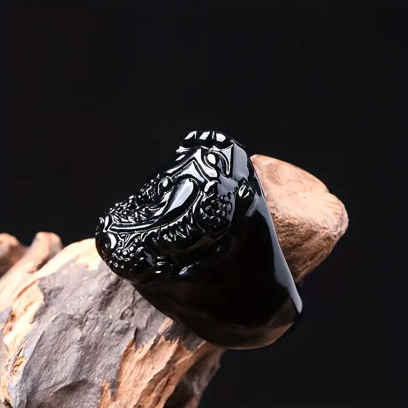 Exquisite men's black obsidian ring, hand-carved Pixiu pattern finger wrench