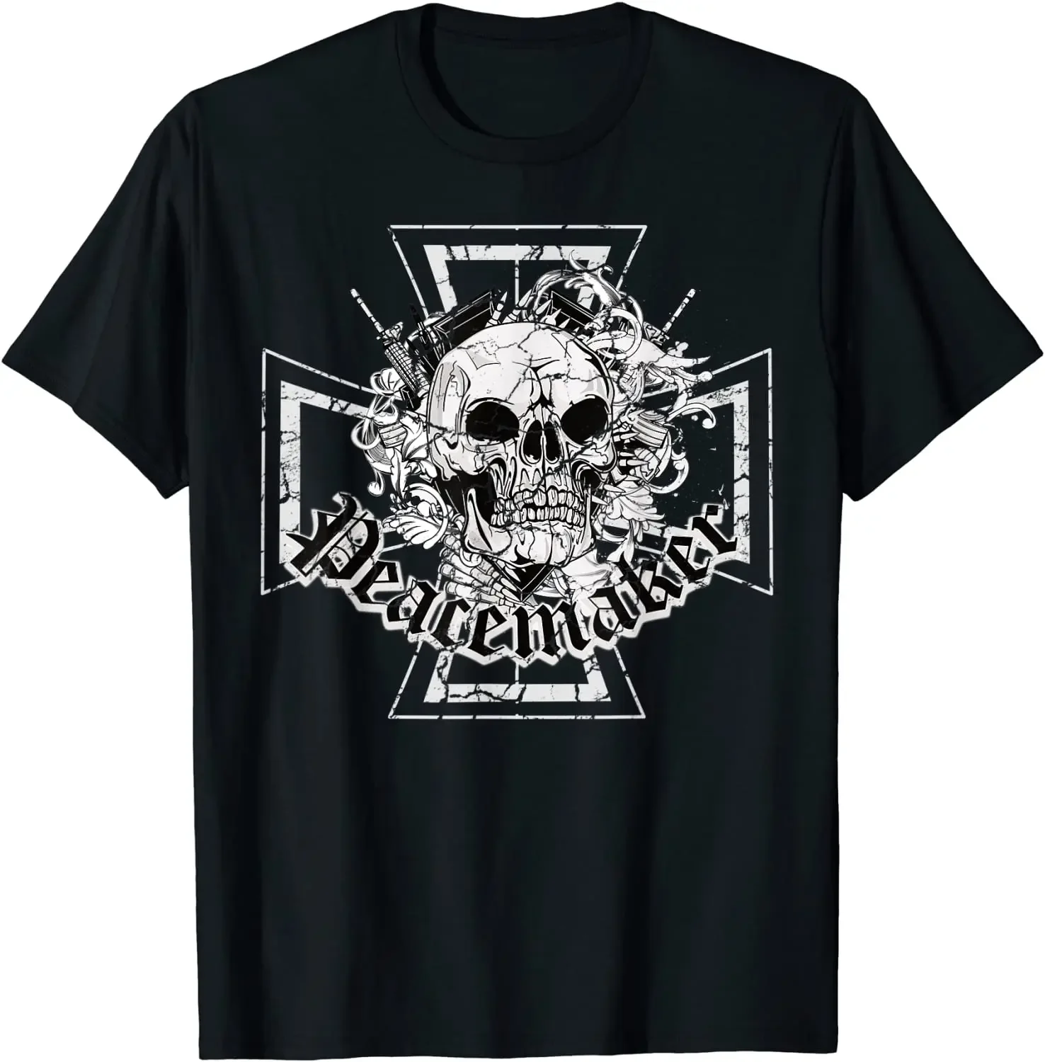 Iron Cross Skull Tattoo Peace Maker T-Shirt 100% Cotton O-Neck Short Sleeve Summer Casual Mens T-shirt Streetwear