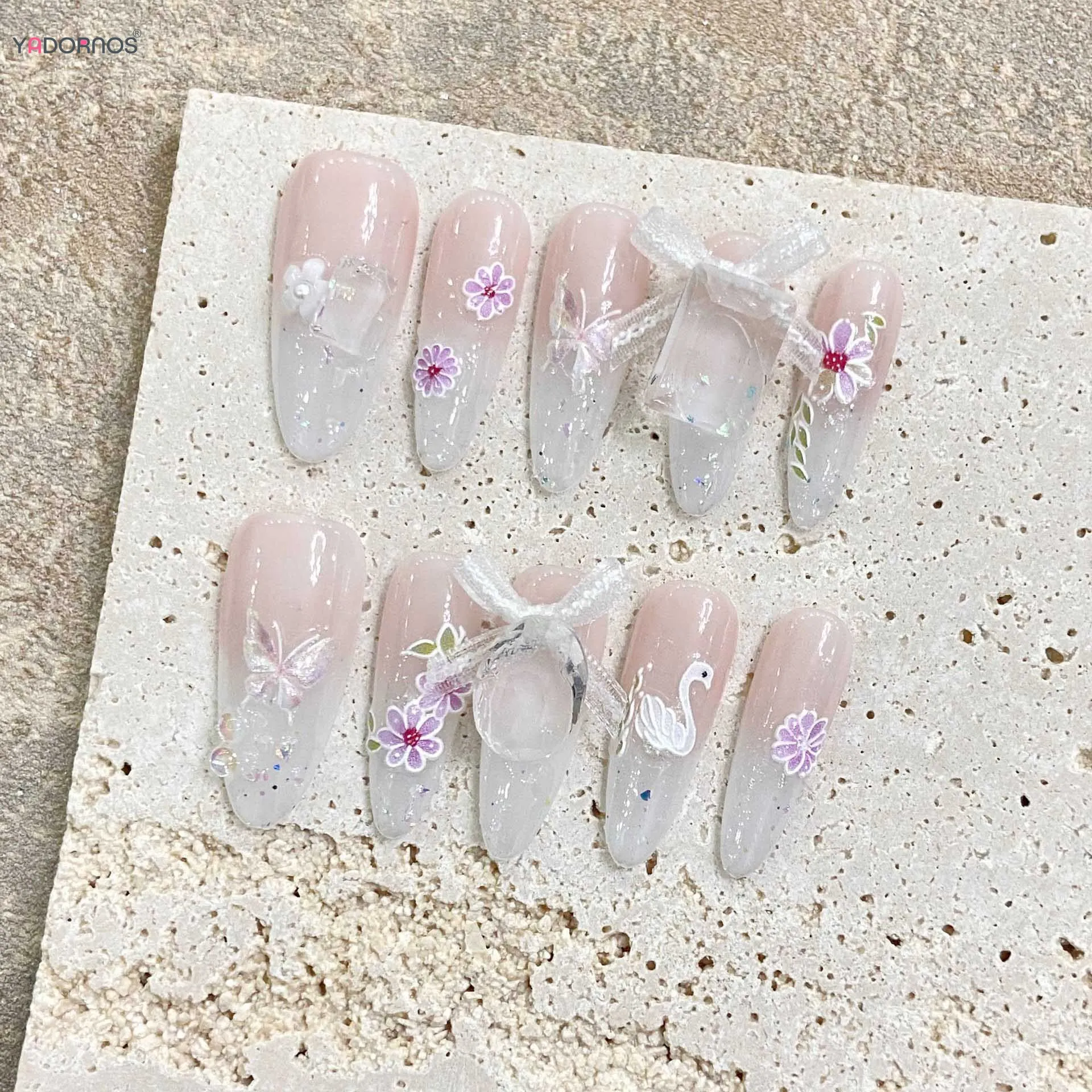 Uñas postizas de almendra larga, manicura de estilo francés, Rosa degradado, lazo hecho a mano, presione sobre la uña con flor, decoración de diamantes brillantes