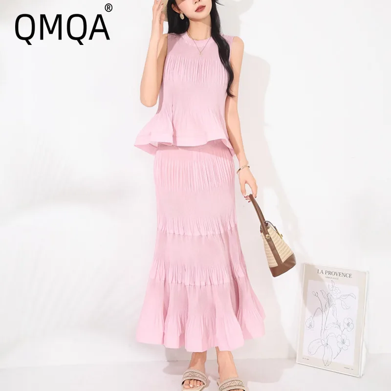 

QMQA Fashion Women's Women's Elegant Pleated 2 Piece Set O Neck Ruched Tank Top Elastic Waist Skirts 2026 Female Sets QM1106