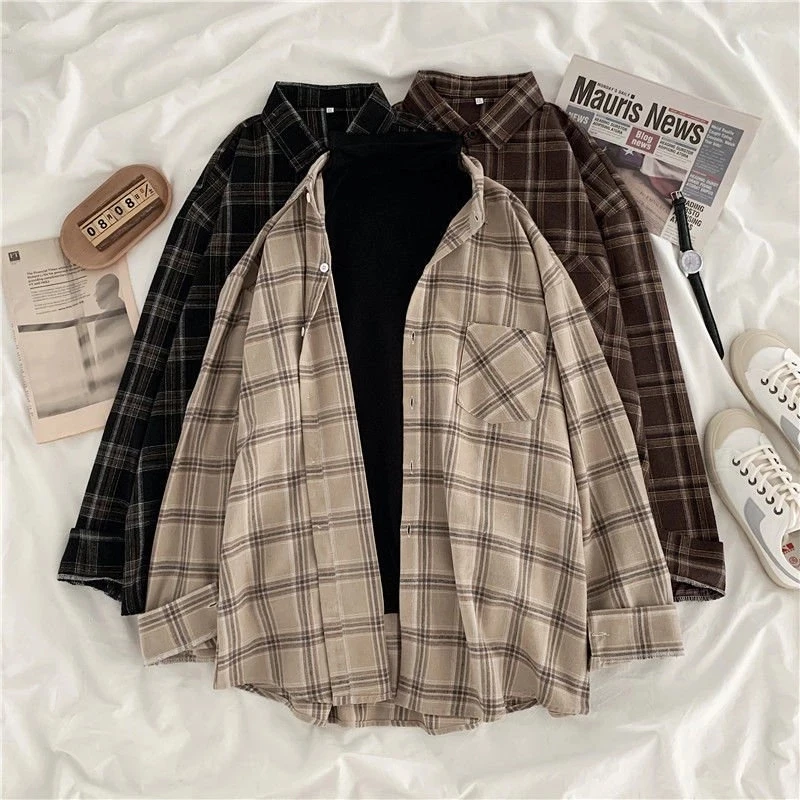 

2025 Vintage Plaid Shirts Women Autumn Long Sleeve Oversize Button Up Shirt Korean Fashion Casual Fall Outwear Tops Blusas Mujer