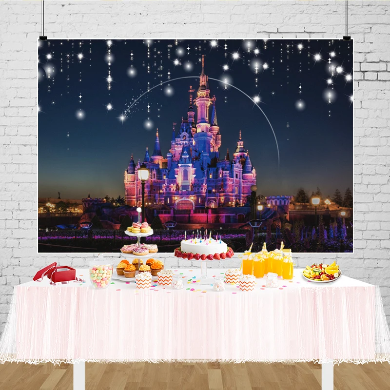 Disney Princess Castle Backdrop Kids Birthday Party Dreamy Glitters Night Scene Photo Background Cloth Decorations Banner Props