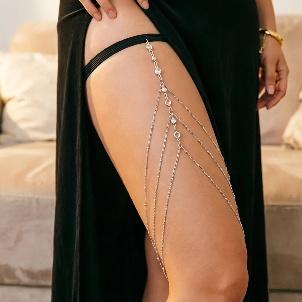 1 piece fashionable women's blingbling multi-layer chain leg chain, night club party sexy thigh chain shiny clip bead chain body chain accessories, suitable for night club party daily dating wear