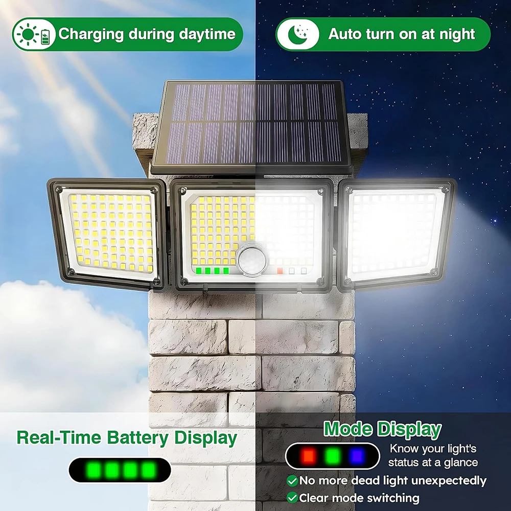 2PCS Solar Outdoor Lights Motion Sensor, 3500LM 286 LED Security Flood Lights with Visual Battery&Mode Display, 3 Lighting Modes