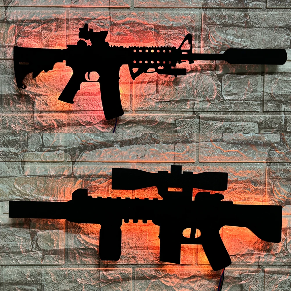 3D creative LED wooden board gun shaped luminous wall lamp interior background decoration USB colorful night light 40 cm long